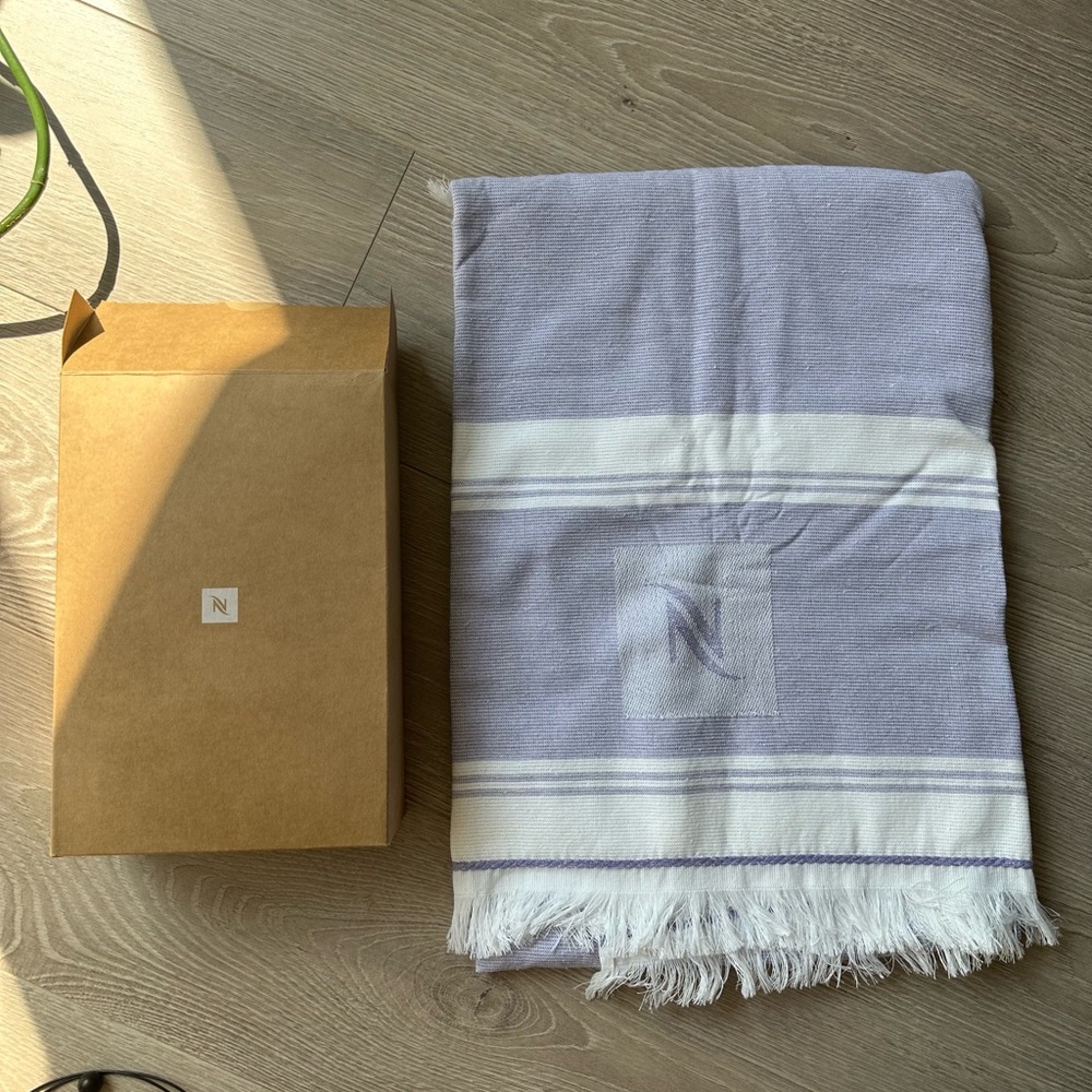 Nespresso Lavender and White Fringed Beach Blanket / Towel